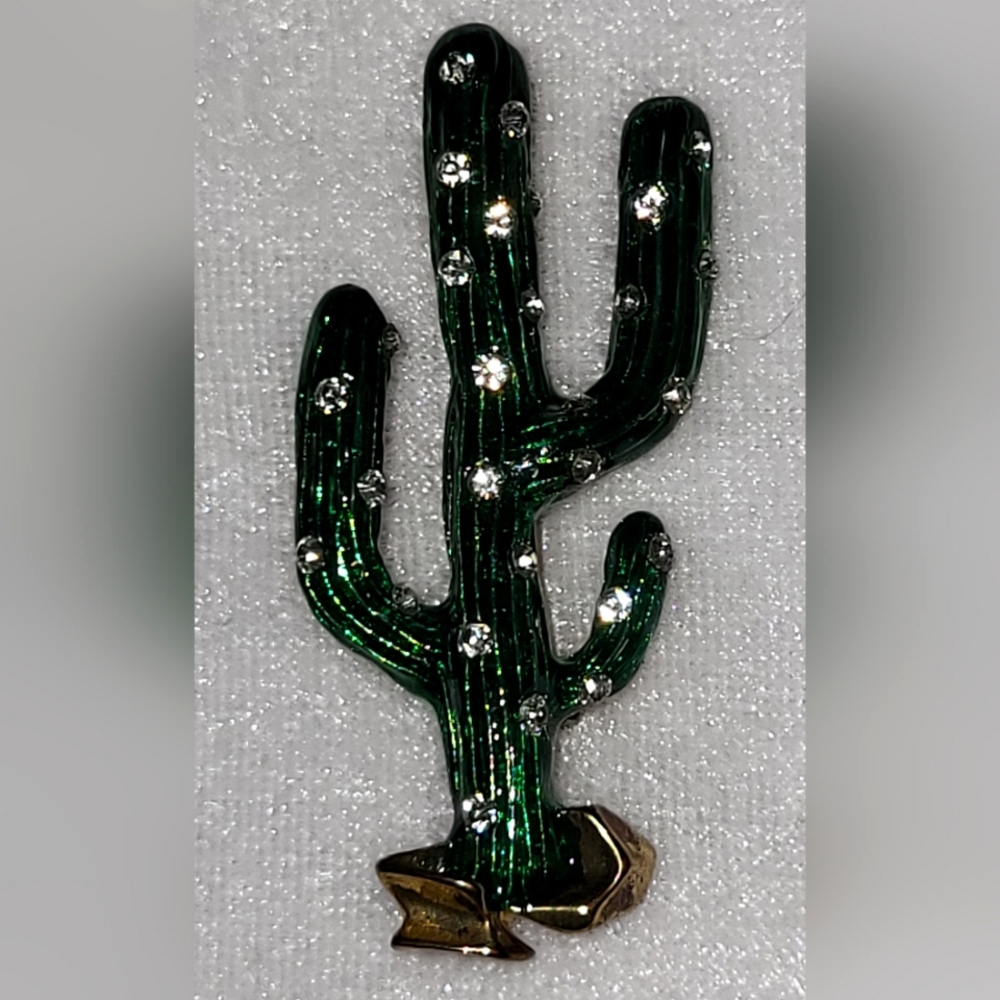 Retro Gold Tone Green Enamel Rhinestone Cactus Brooch / Pin